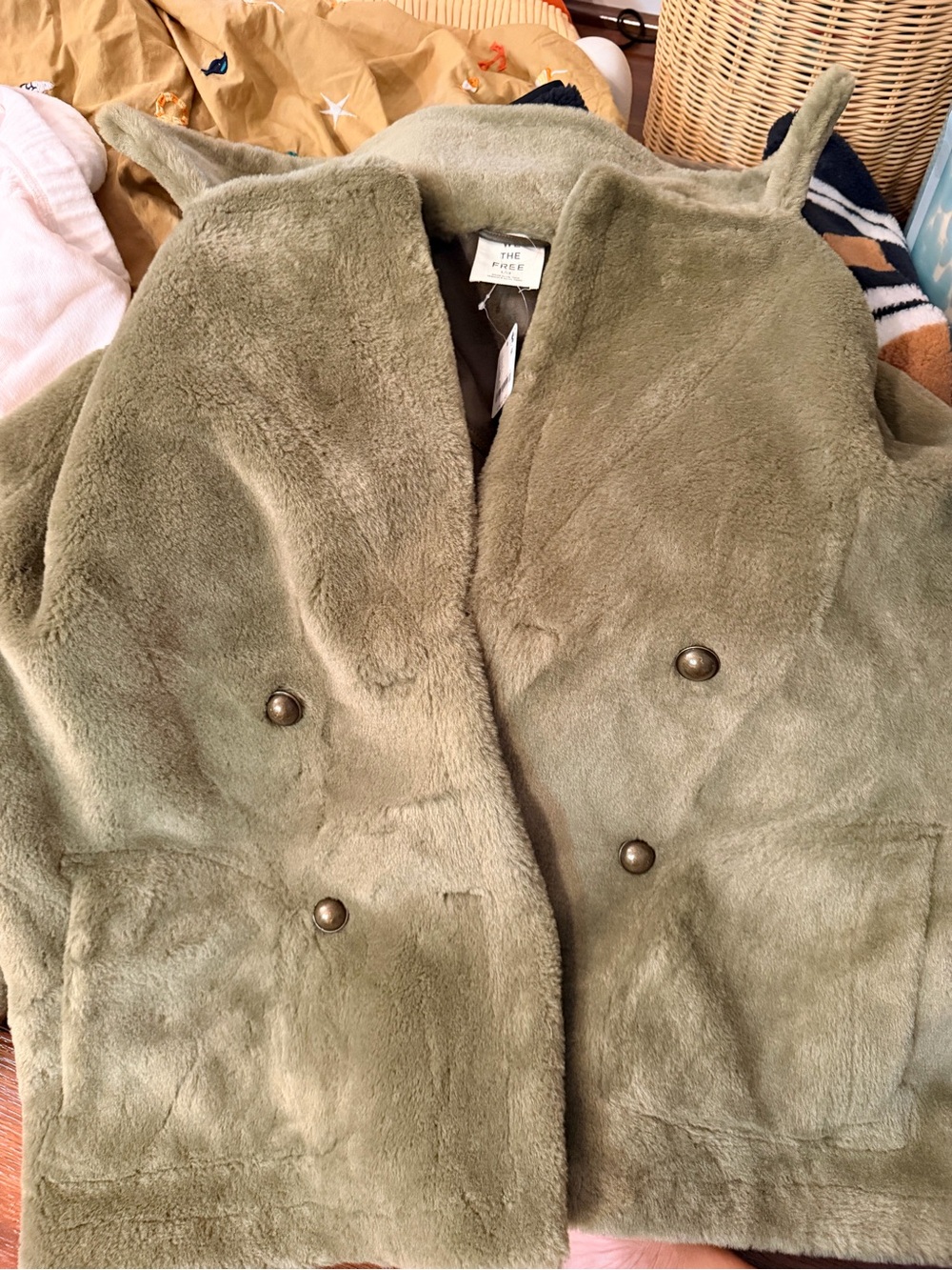 We The Free Olive Faux-Fur Double-Breasted Pea Coat reversible